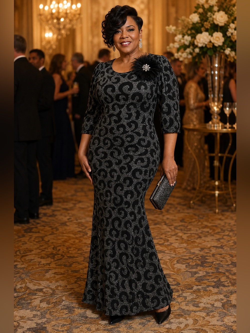 Goodtime Black‎ & Silver Metallic Swirl Evening Gown – 1X Long Formal Dress